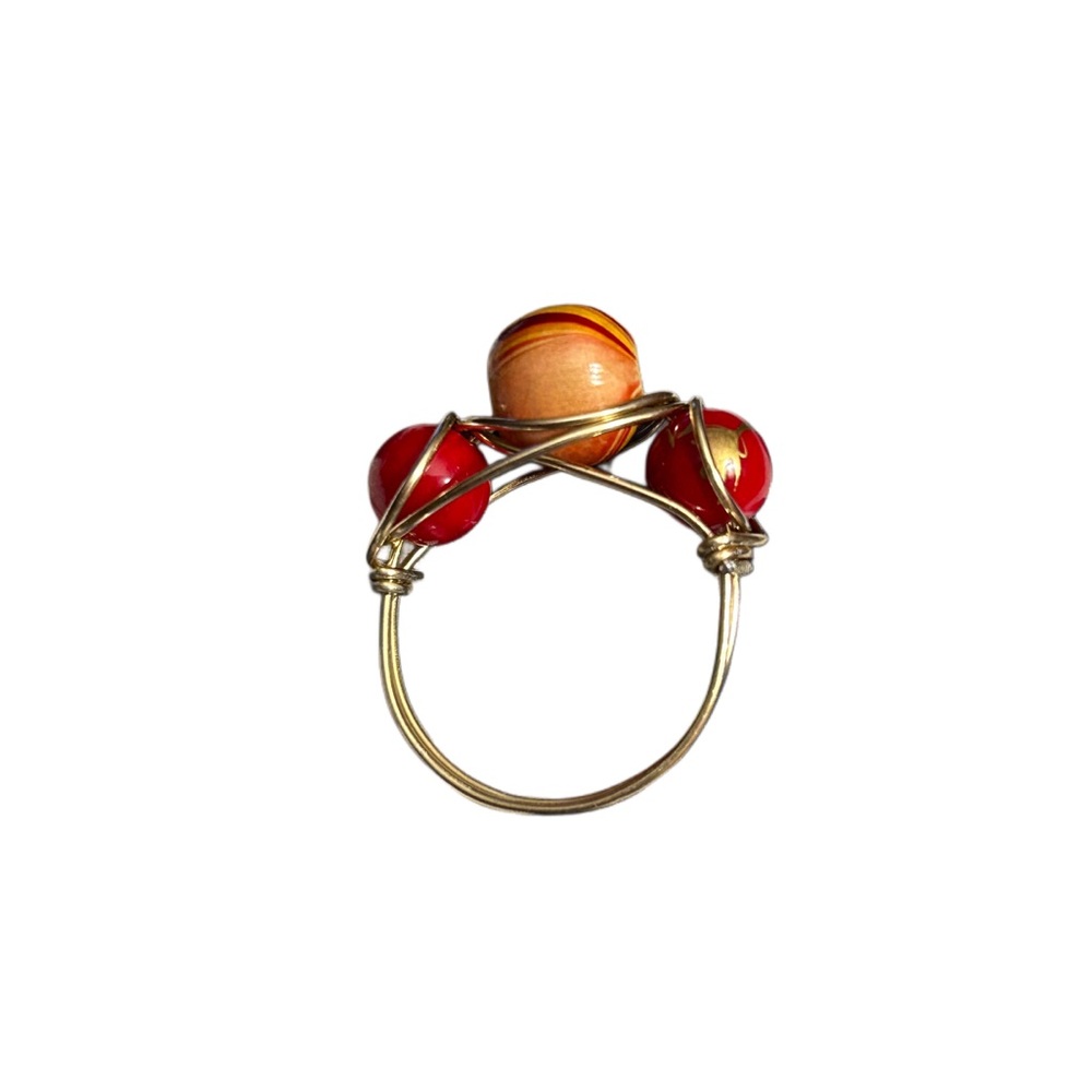 Gold Twist Ring With Red, Yellow And Gold Accents Beads